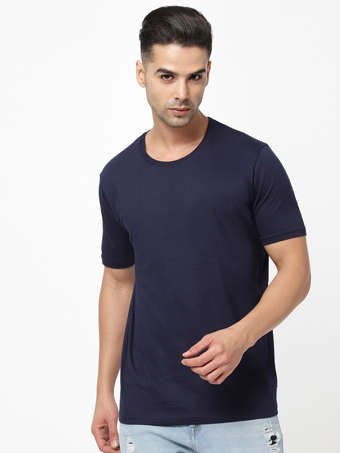 

R&B Men Solid Cotton Short Sleeves T-shirt, Blue