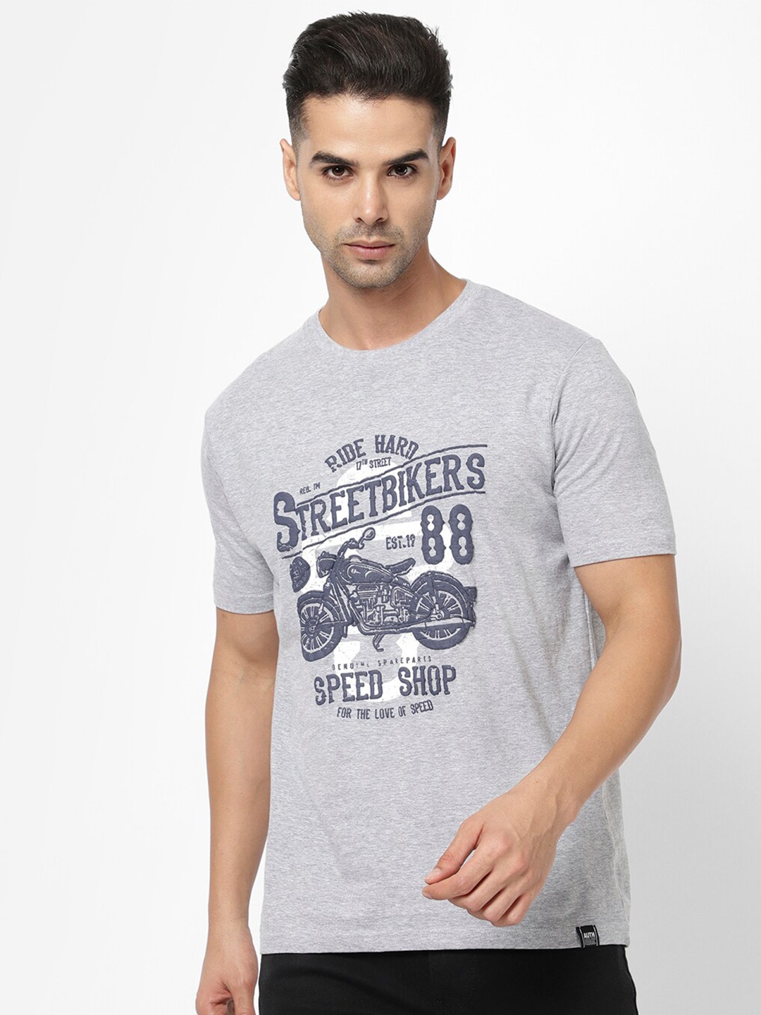 

R&B Men Printed Cotton Short Sleeves T-shirt, Grey