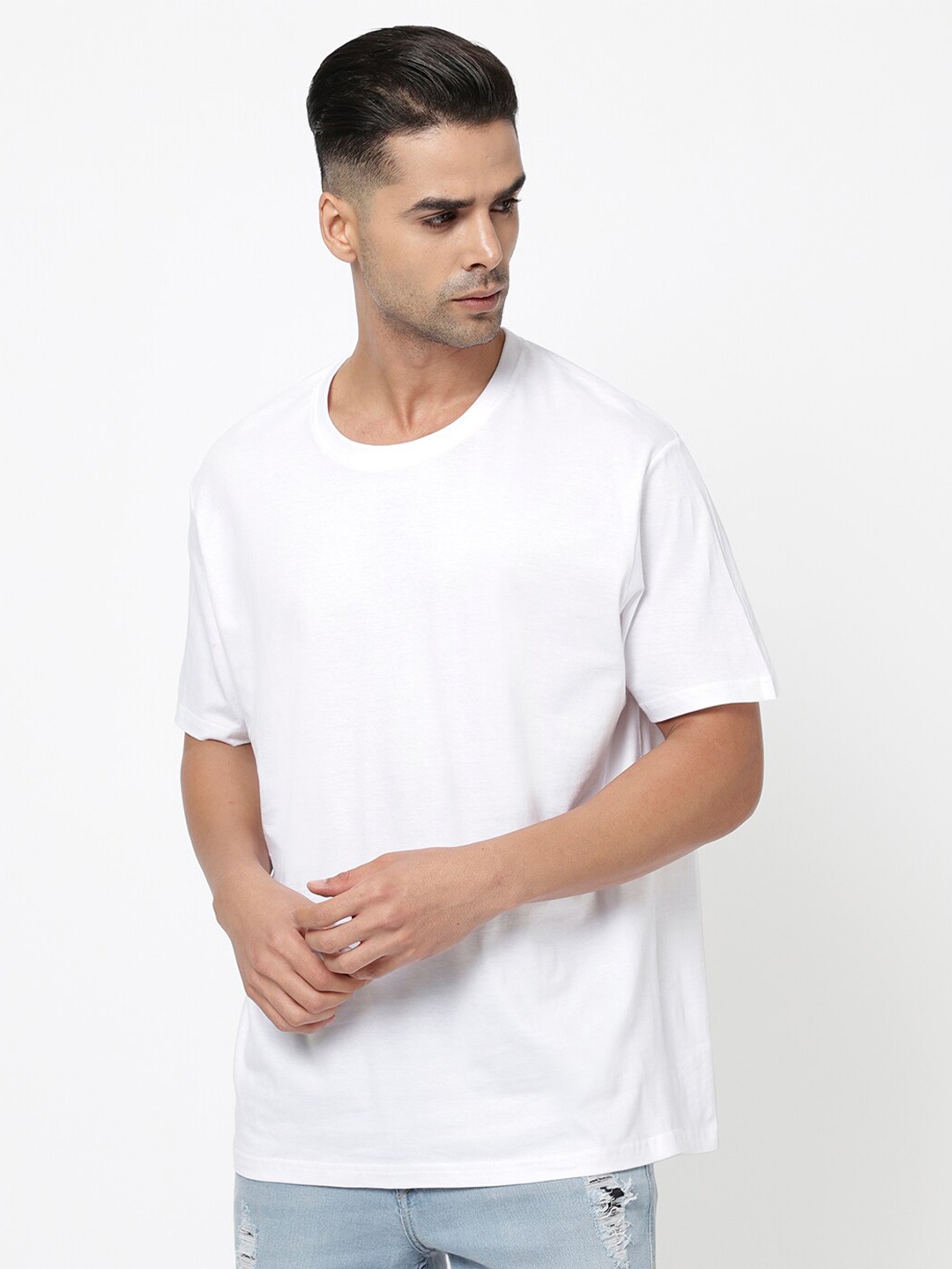 

R&B Men Solid Cotton Short Sleeves T-shirt, White