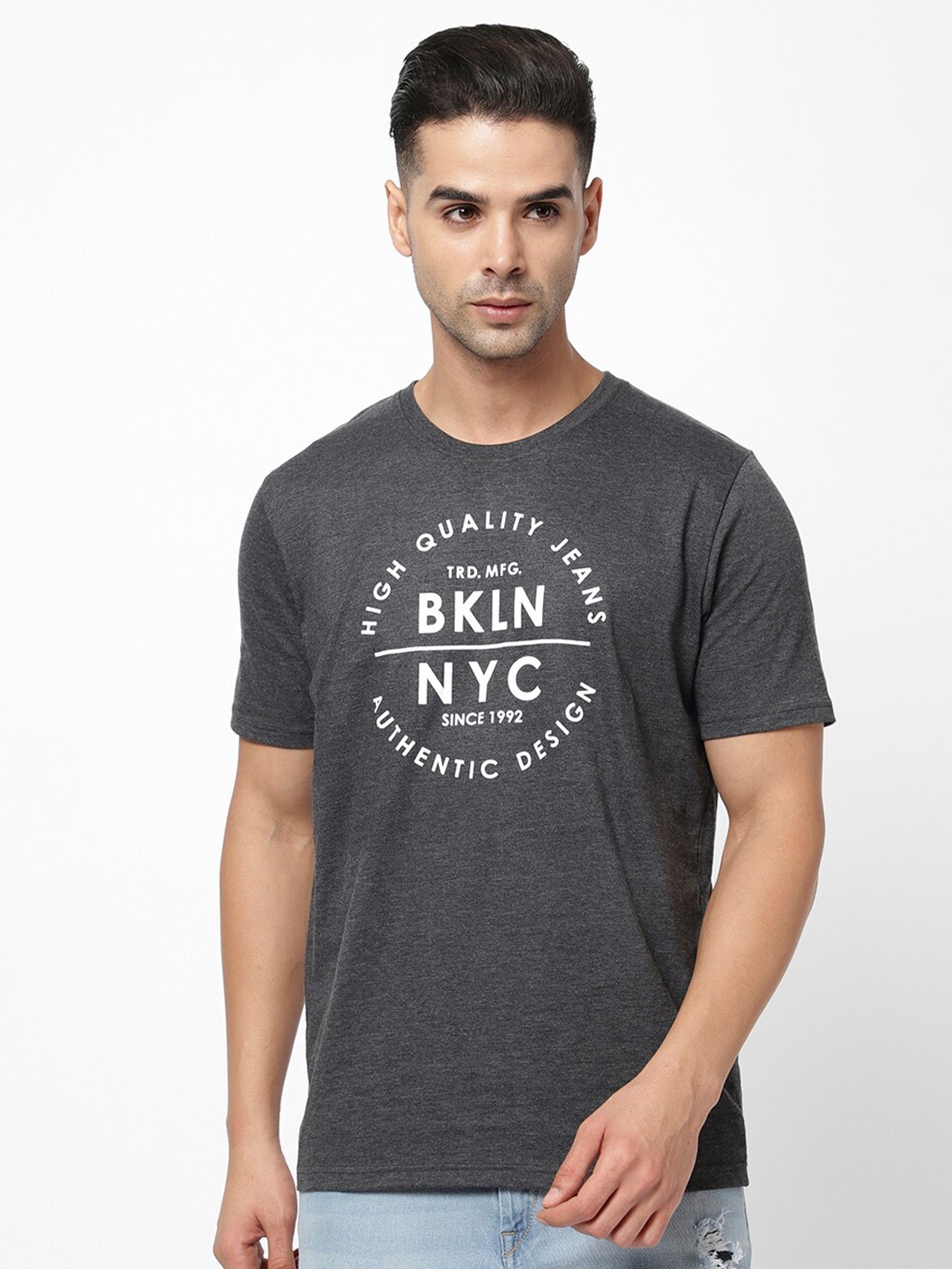 

R&B Men Typography Printed Cotton T-shirt, Grey