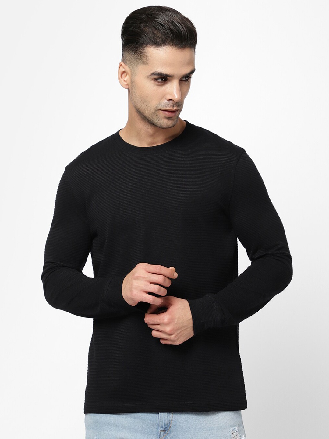 

R&B Men Solid Cotton Long Sleeves T-shirt, Black
