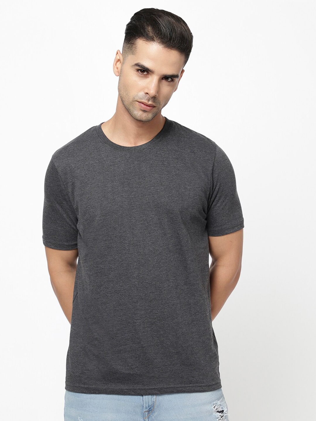 

R&B Men Solid Cotton Short Sleeves T-shirt, Grey