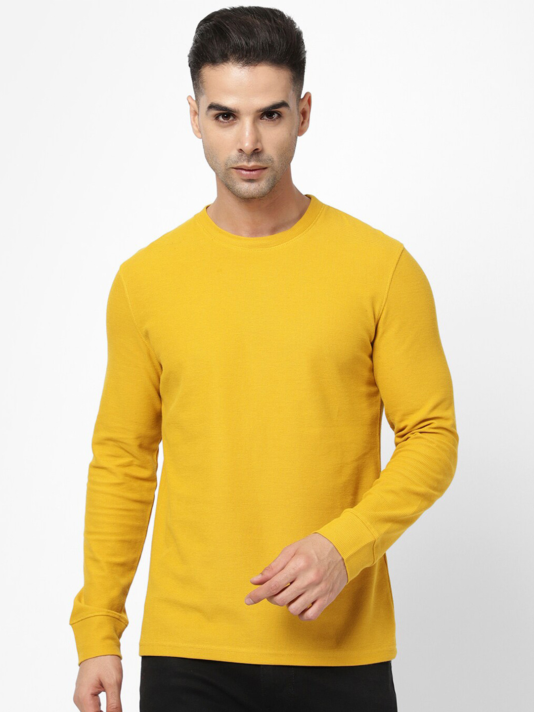 

R&B Men Solid Cotton Long Sleeves T-shirt, Yellow