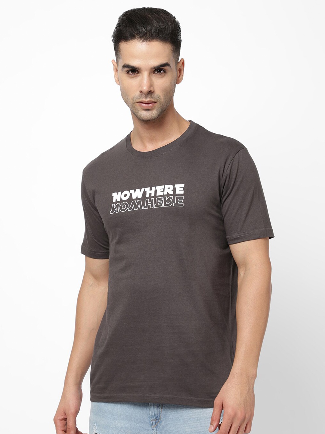 

R&B Men Typography Printed Cotton T-shirt, Grey