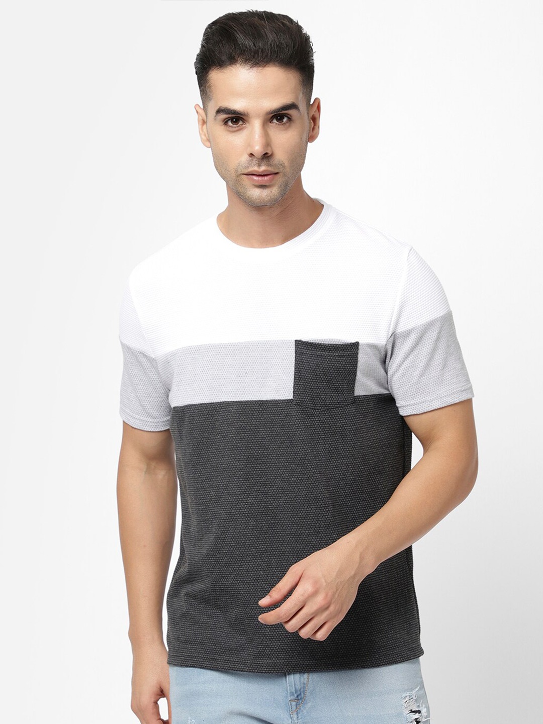 

R&B Men Colourblocked Cotton T-shirt, White