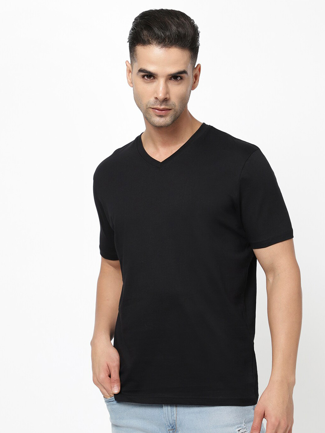 

R&B Men Solid Cotton V-Neck T-shirt, Black