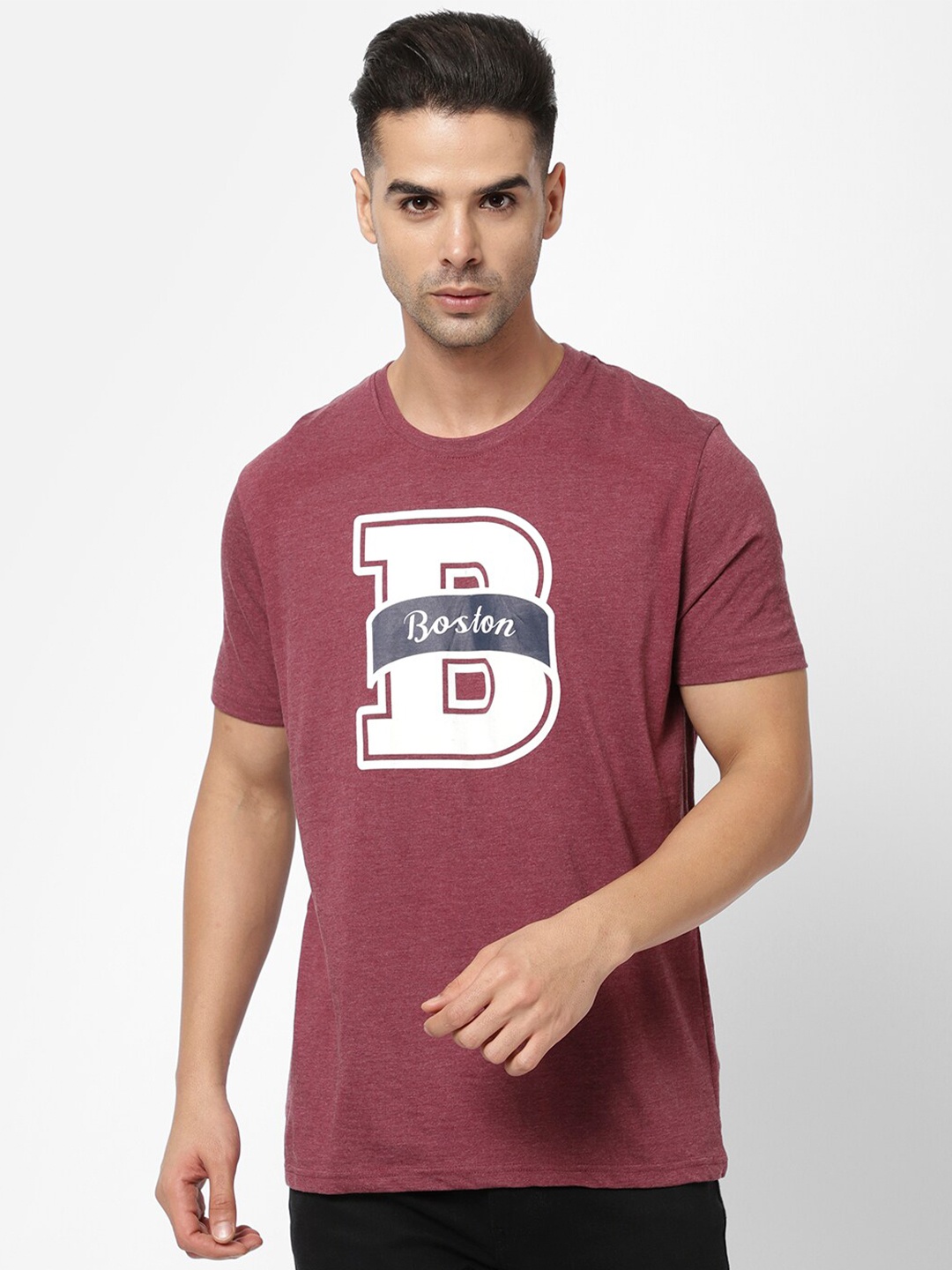 

R&B Men Typography Printed Cotton T-shirt, Burgundy