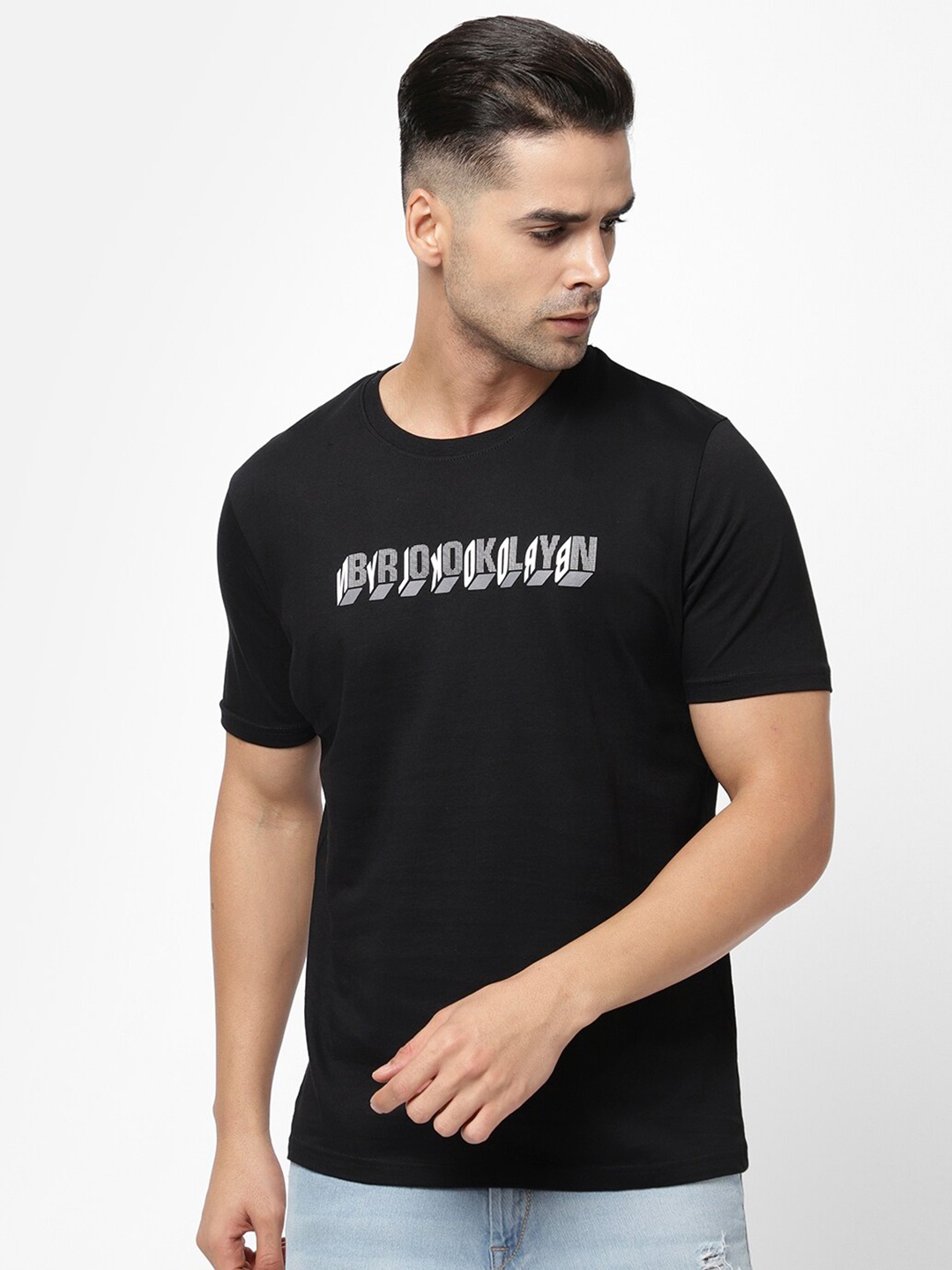 

R&B Men Typography Printed Cotton T-shirt, Black