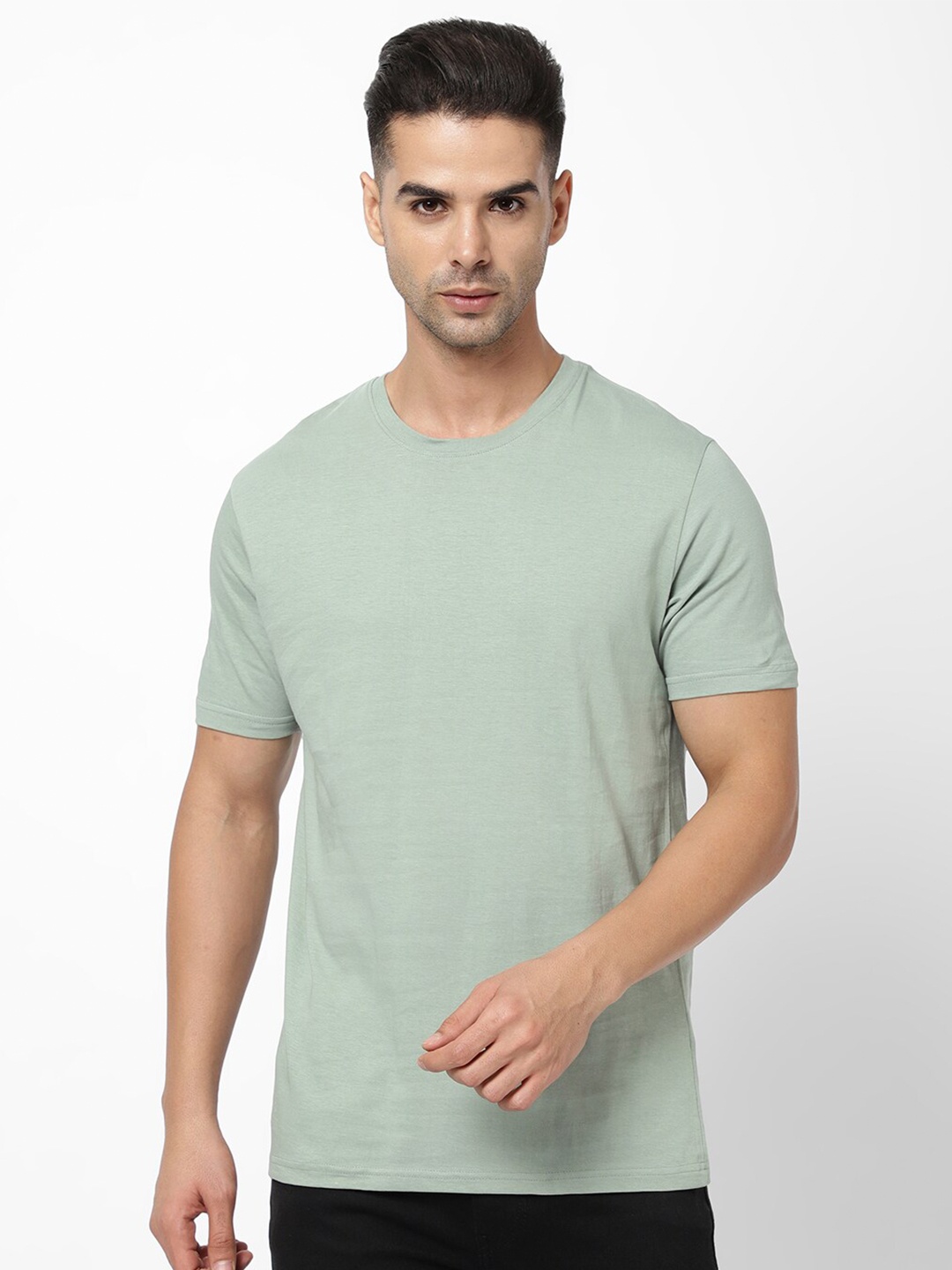

R&B Men Solid Cotton Short Sleeves Printed T-shirt, Green
