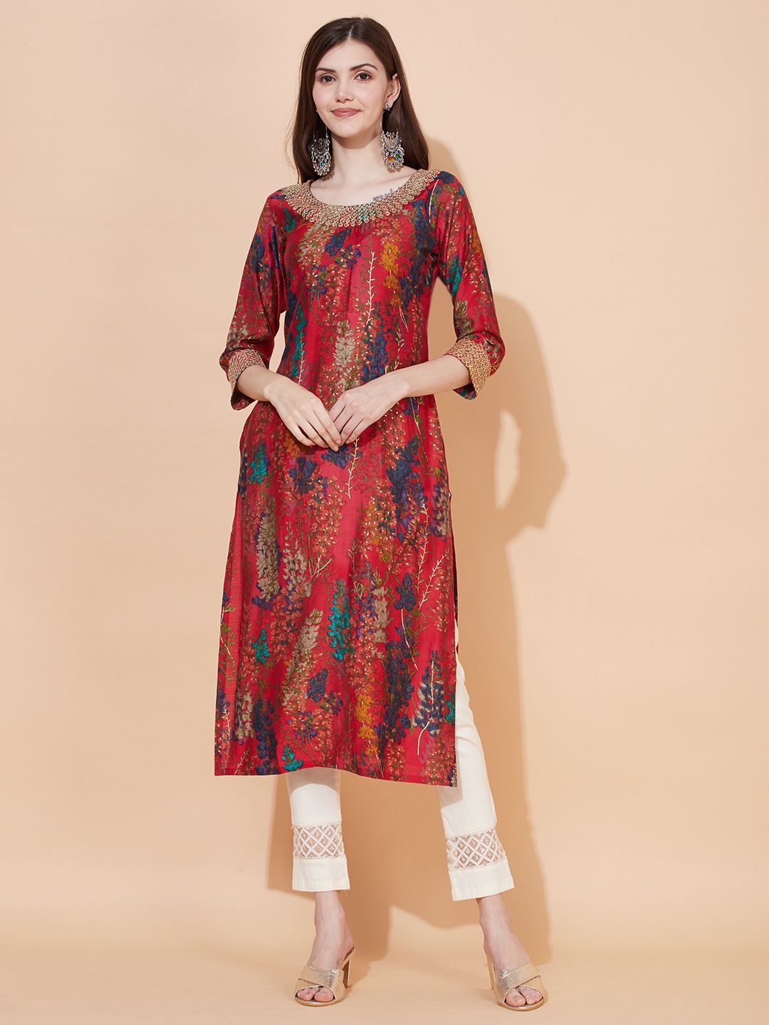

FASHOR Women Red Printed Flared Sleeves Thread Work Kurta