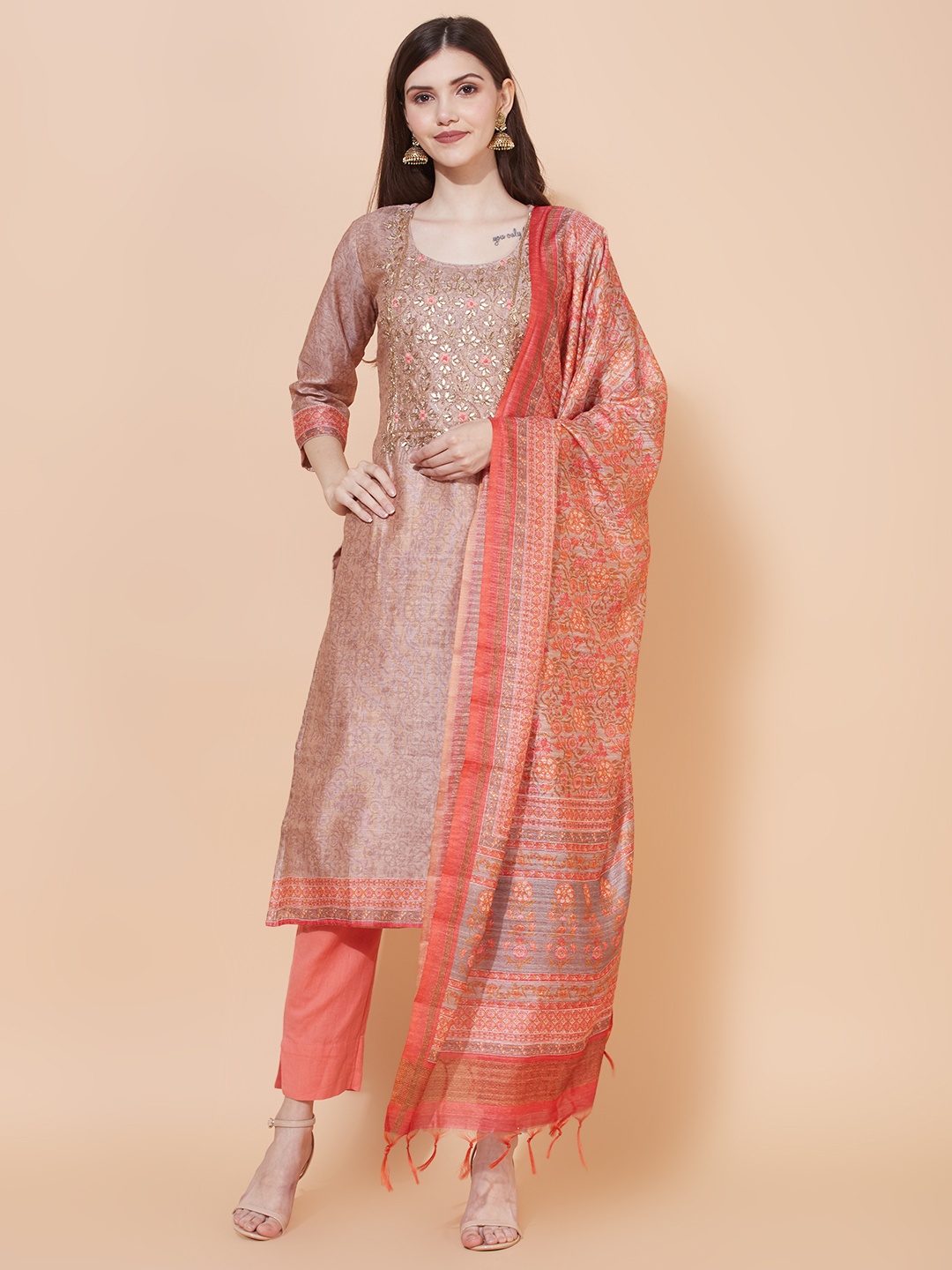 

FASHOR Women Brown Ethnic Motifs Chanderi Silk Kurta