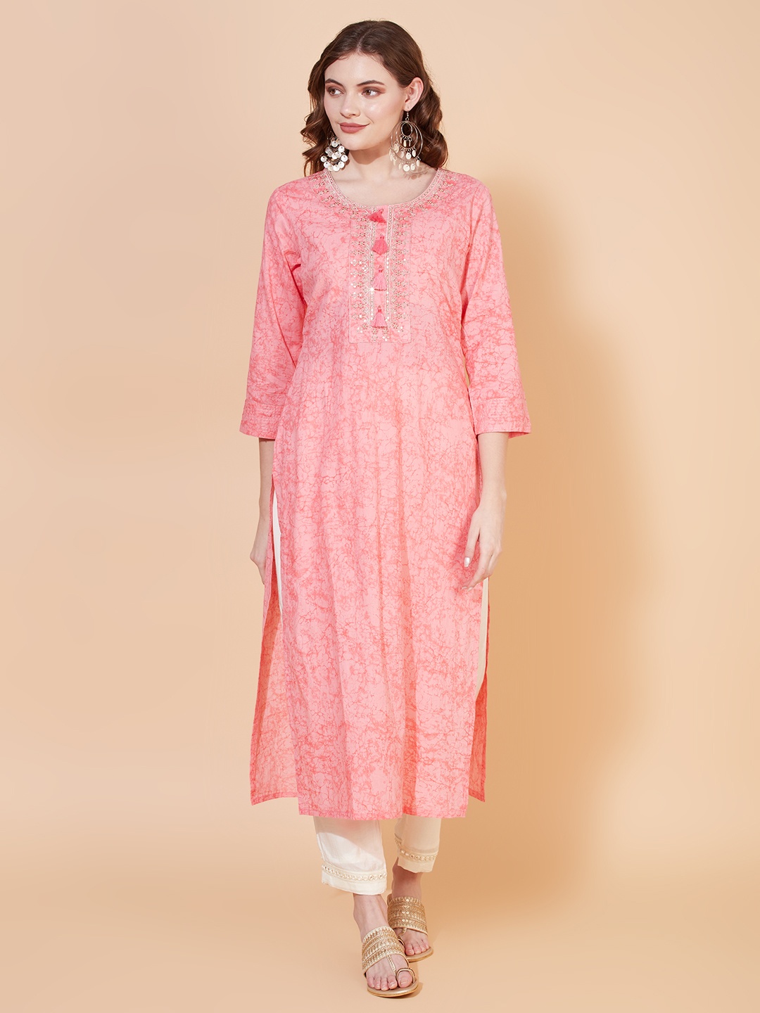 

FASHOR Women Pink Ethnic Motifs Chikankari Kurta