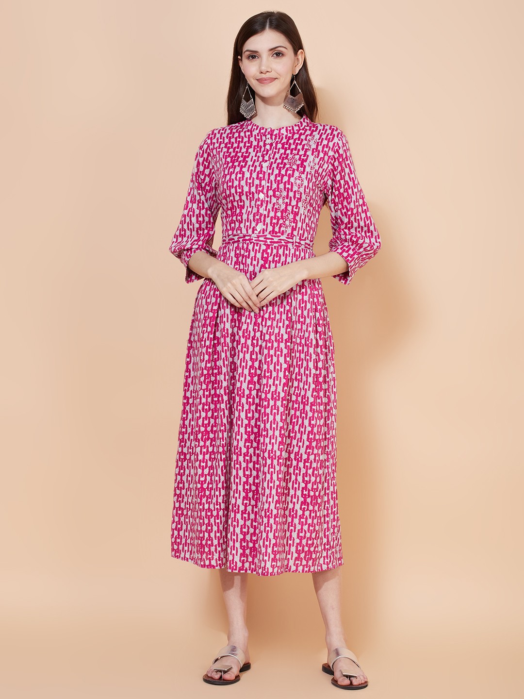 

FASHOR Women Magenta A-Line Cotton Midi Dress