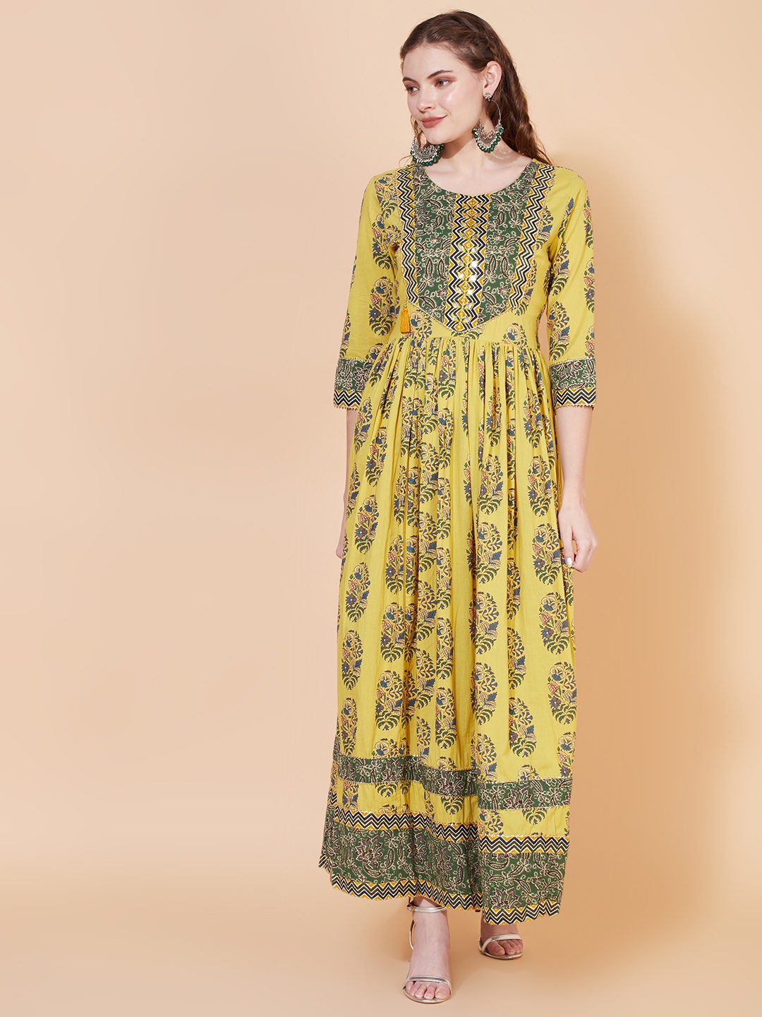 

FASHOR Women Yellow & Green Floral A-Line Cotton Midi Dress