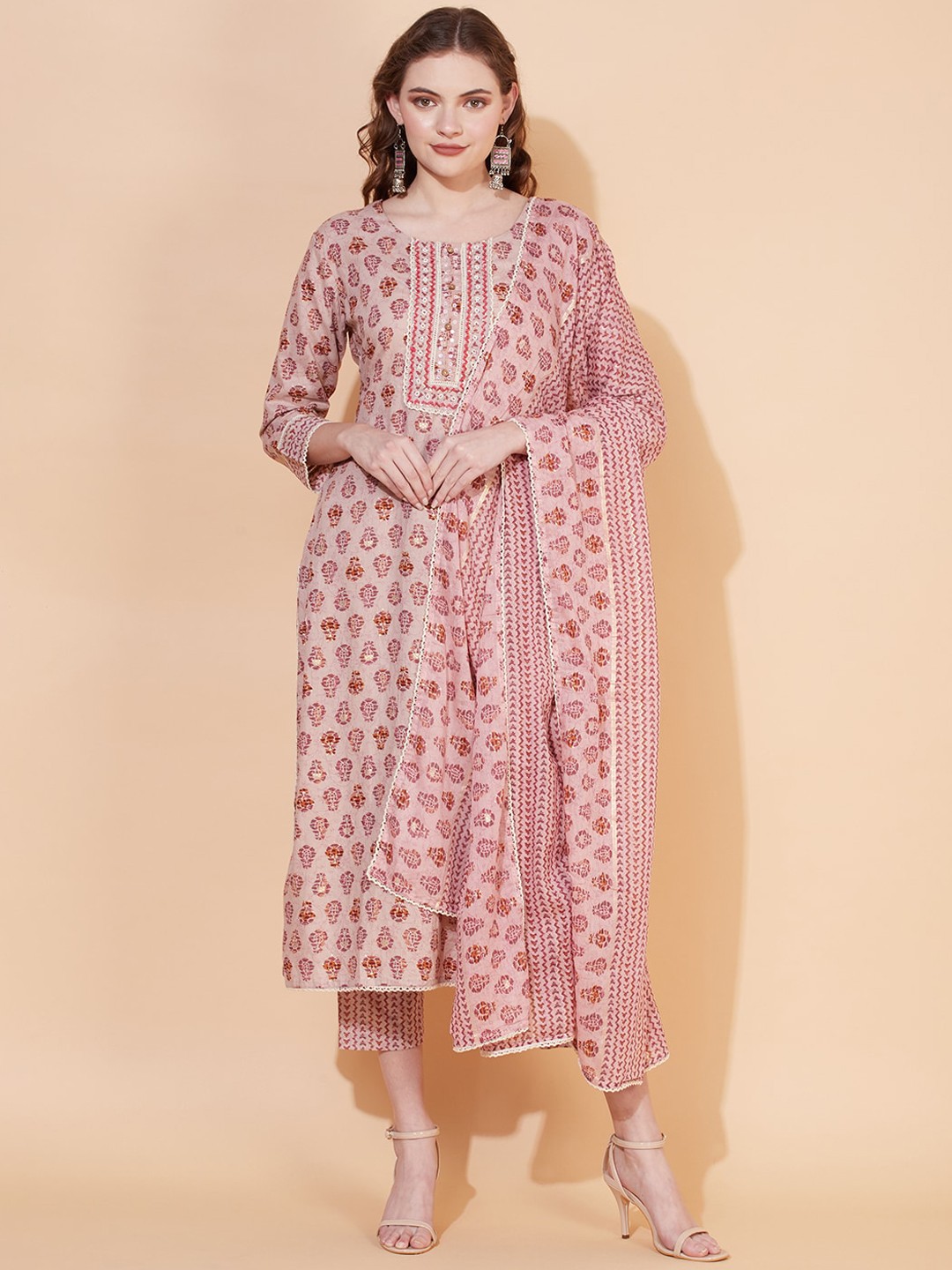 

FASHOR Women Ethnic Motifs Printed Pure Cotton Kurta with Trousers & With Dupatta, Pink