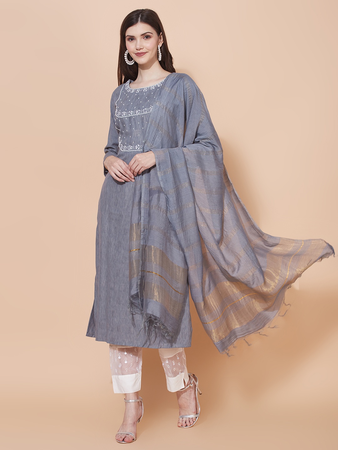 

FASHOR Women Grey Striped Flared Sleeves Kurta