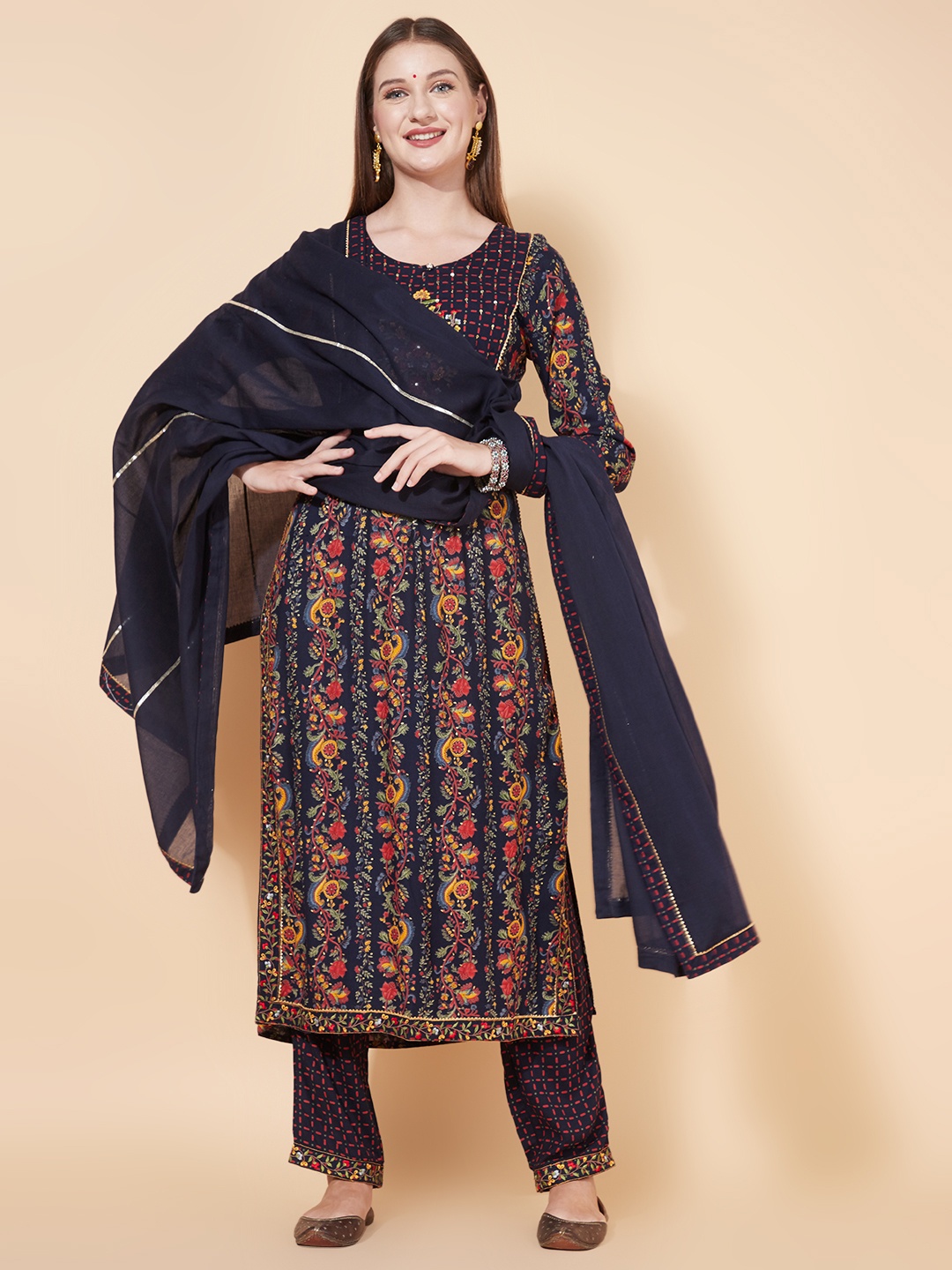 

FASHOR Women Navy Blue Floral Printed Kurta with Trousers & With Dupatta