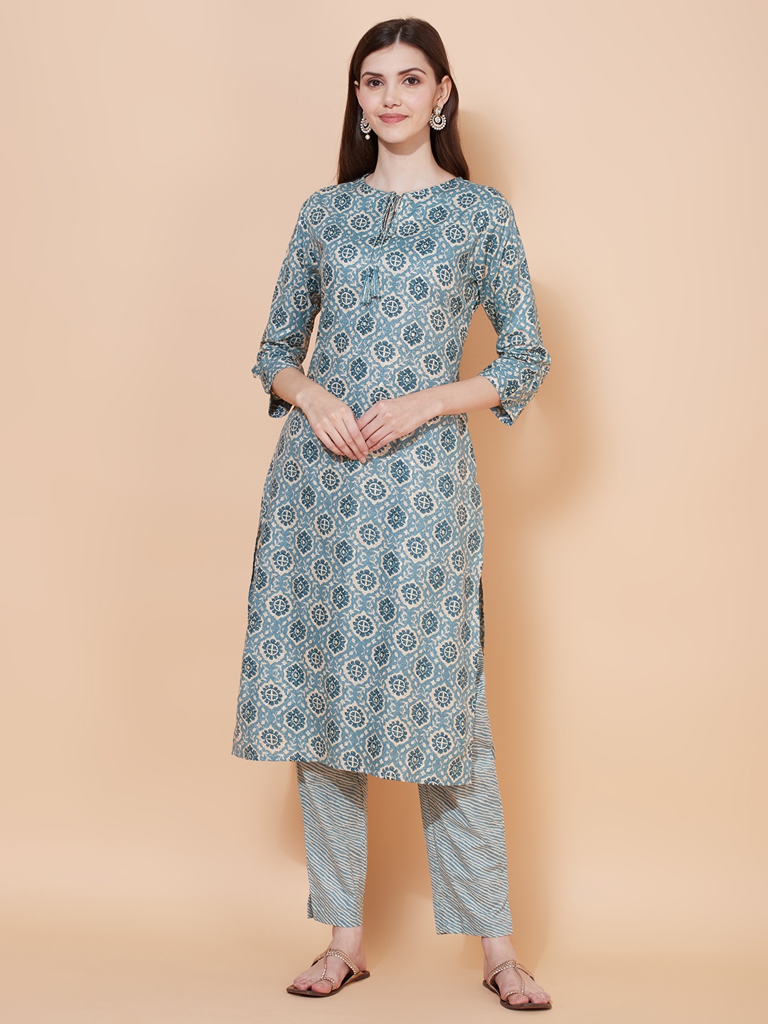 

FASHOR Women Sea Green Ethnic Motifs Printed Pure Cotton Kurta with Trousers