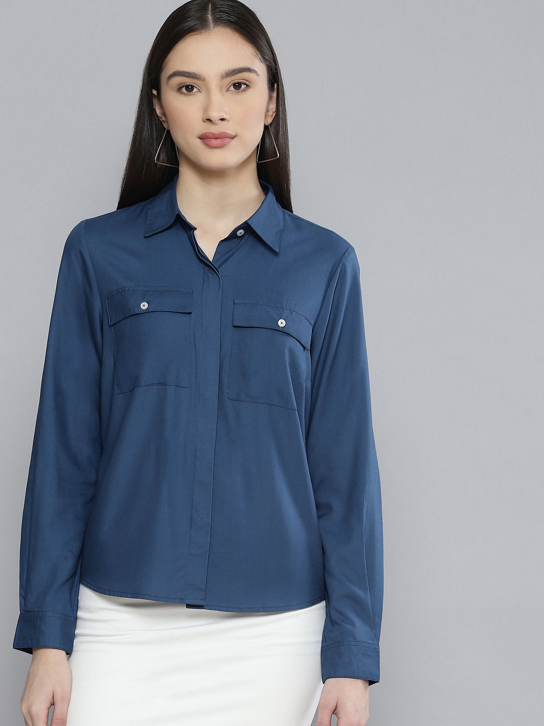 

DENNISON Women Navy Blue Solid Formal Shirt
