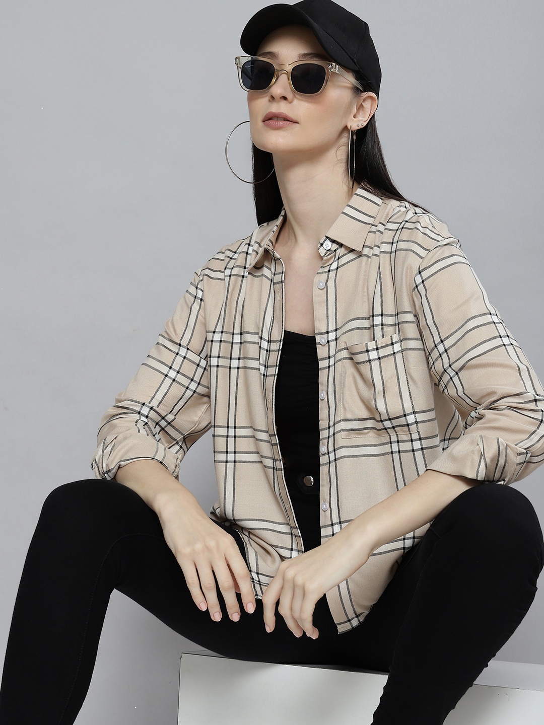 

DENNISON Women Beige & White Smart Checked Casual Shirt