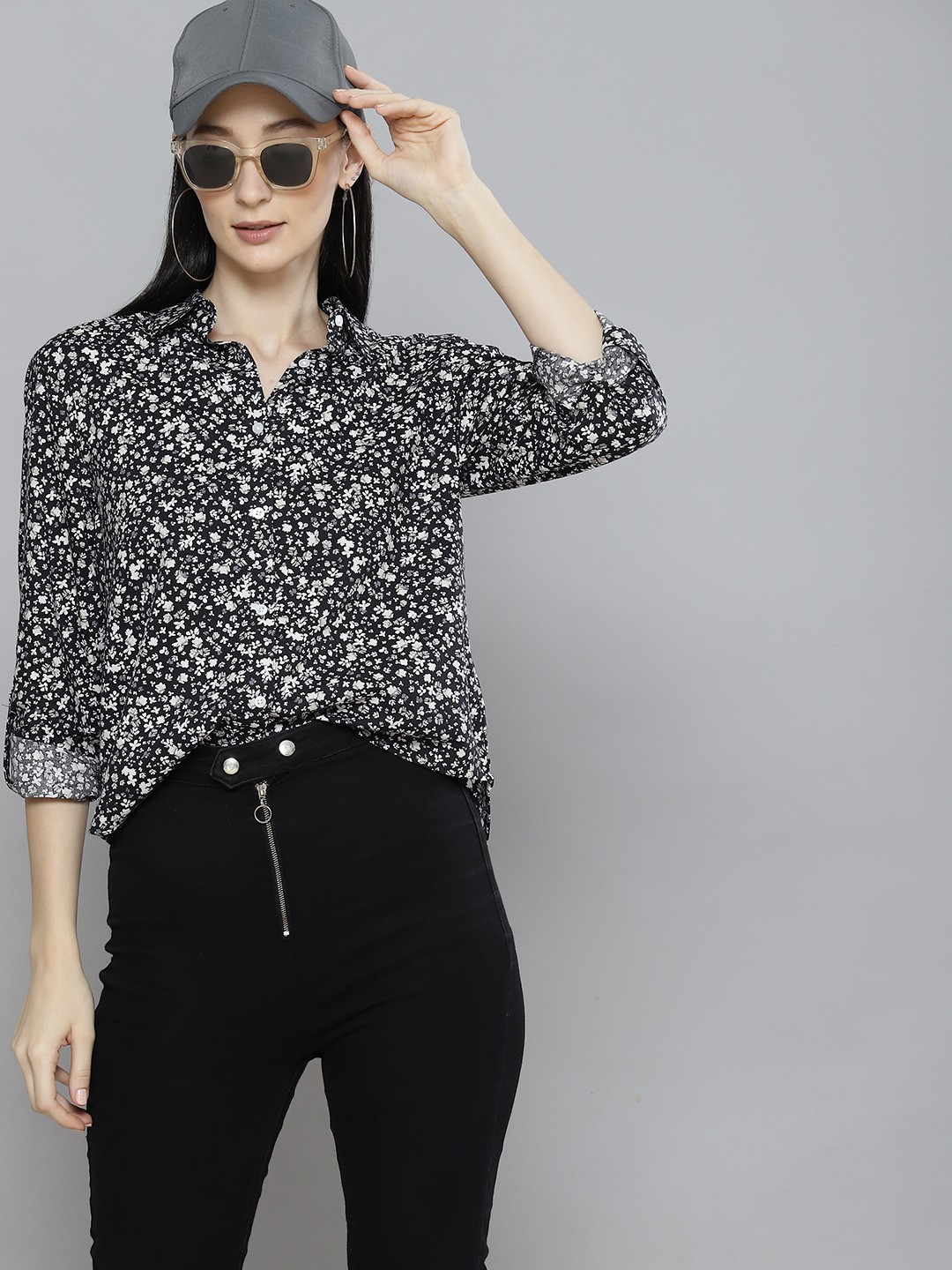 

DENNISON Women Black & White Smart Floral Printed Casual Shirt