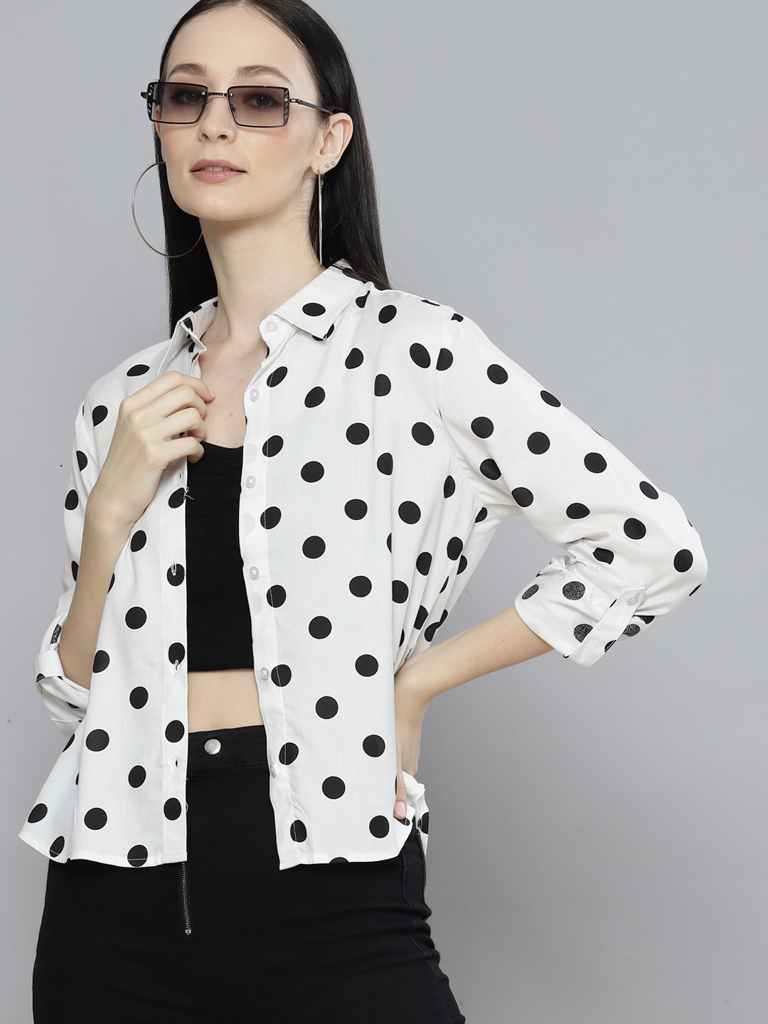 

DENNISON Women White & Black Smart Polka Dot Printed Casual Shirt