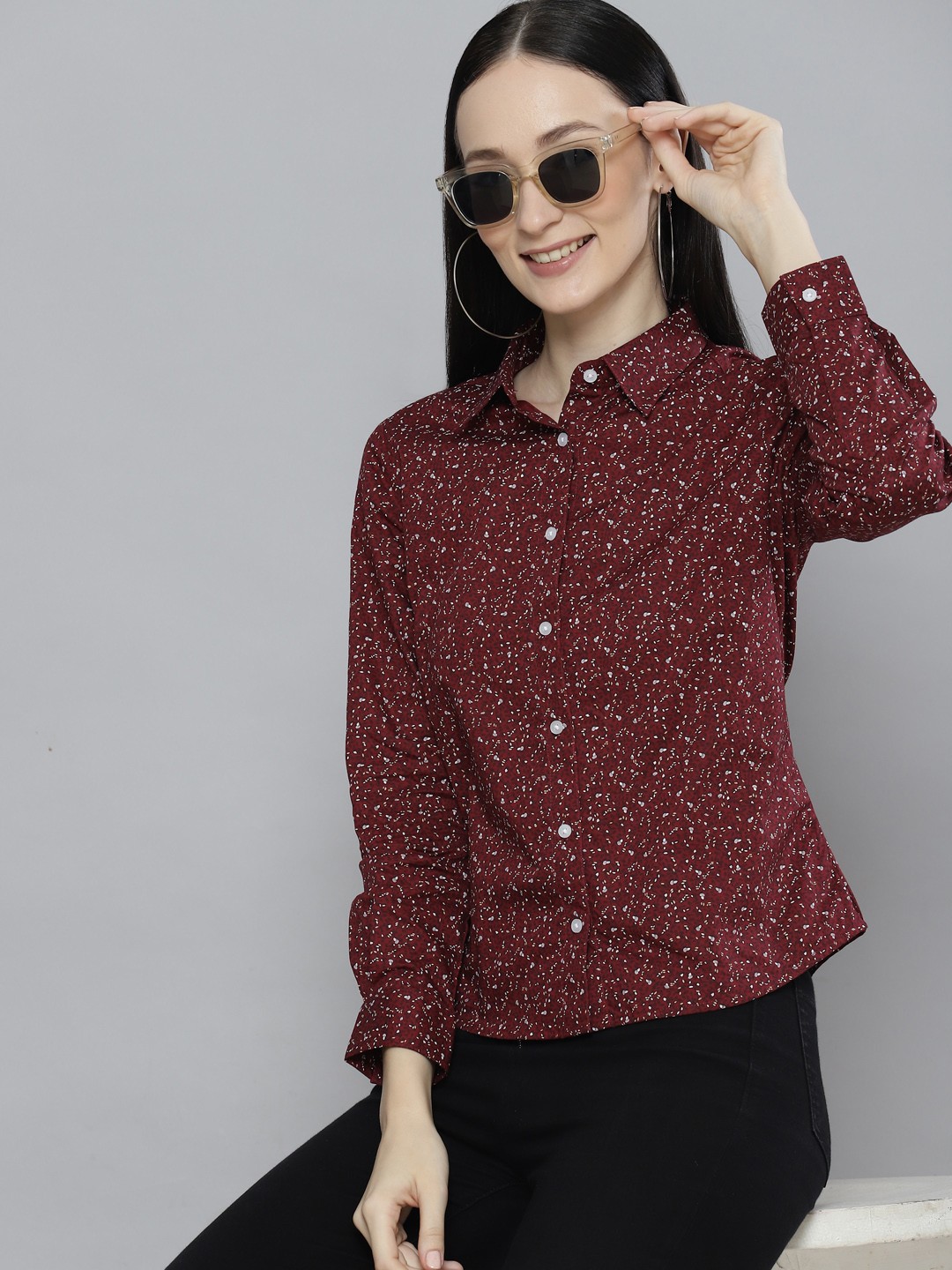 

DENNISON Women Maroon & White Floral Print Smart Slim Fit Floral Printed Cotton Shirt