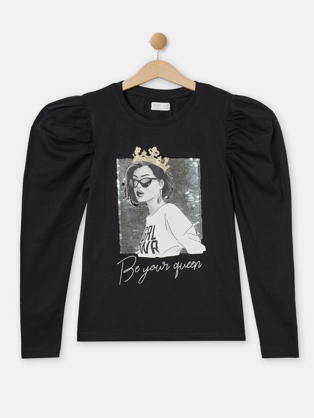 

R&B Girls Printed Top, Black