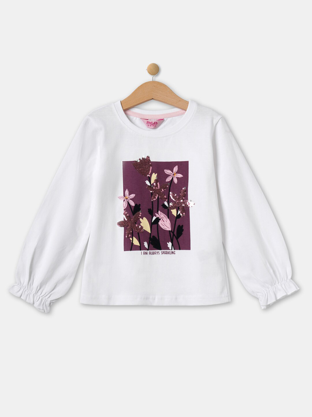 

R&B Girls Floral Printed Top with Sequinned, White