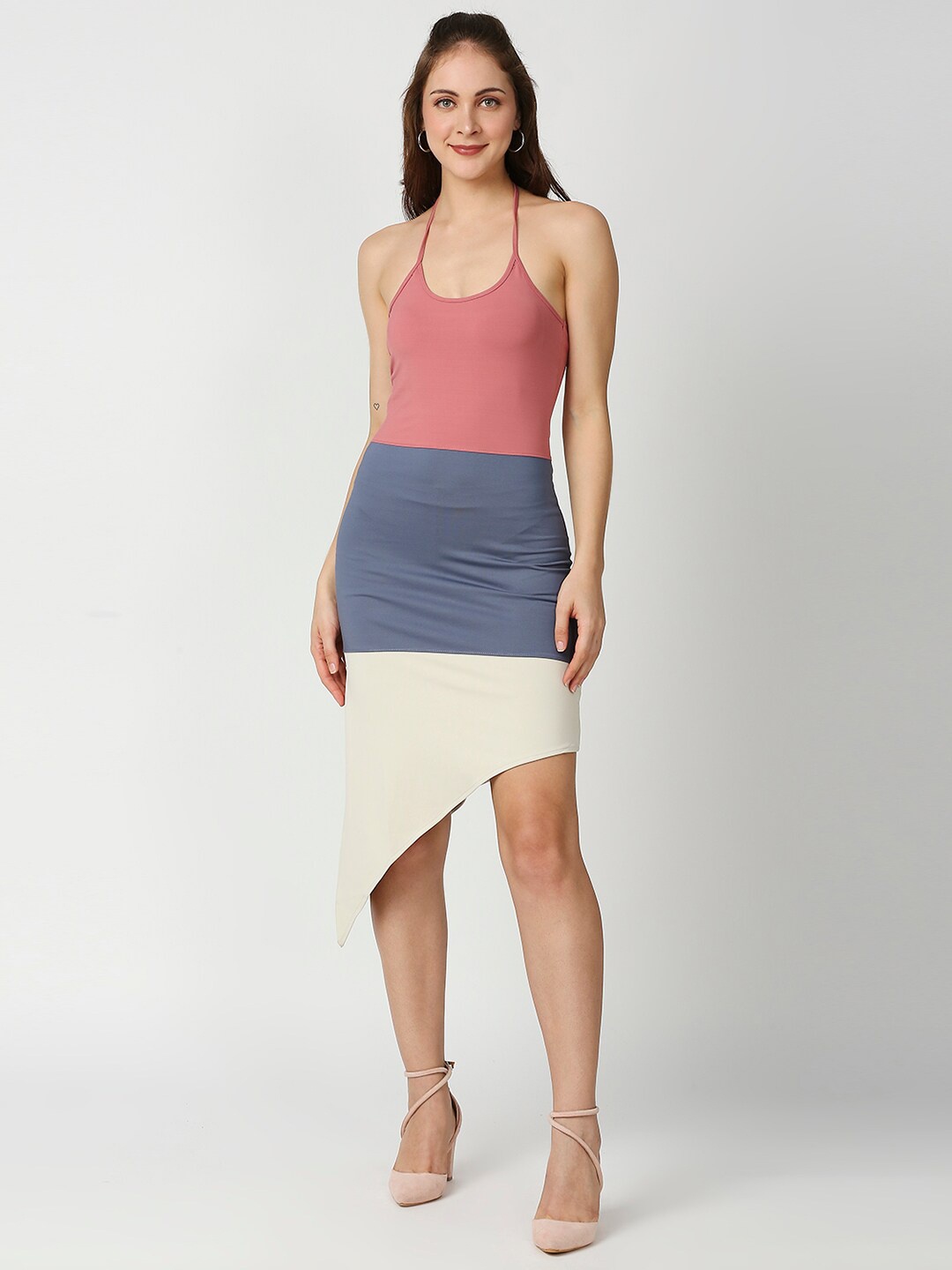 

Blamblack Women Colourblocked Halter Neck Sheath Dress, Pink