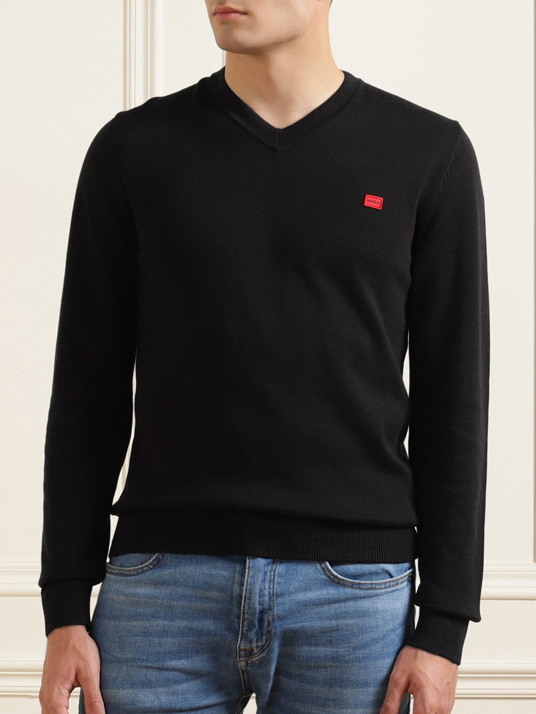 

HUGO Men Black Solid V-Neck Pullover Sweater
