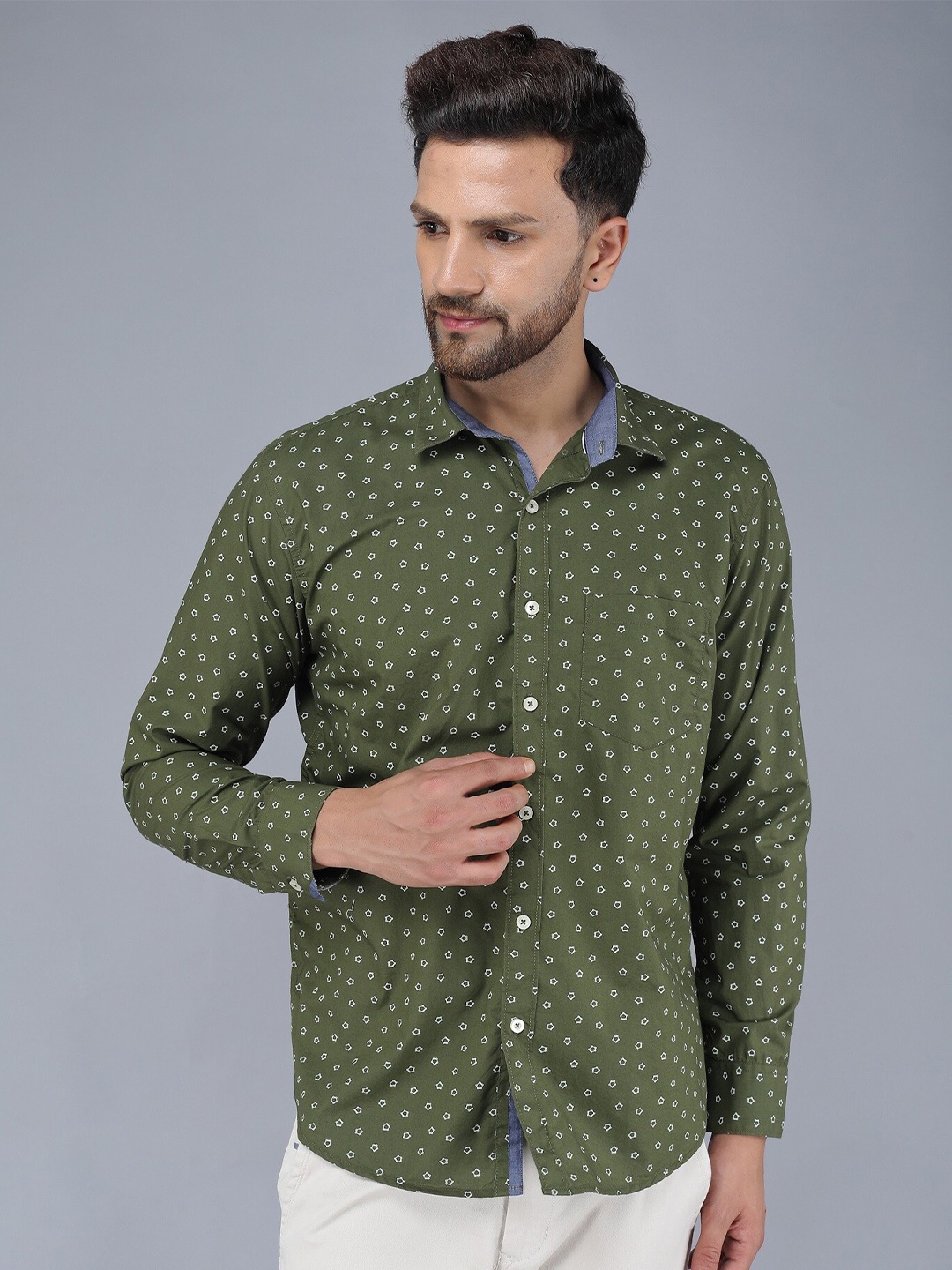 

TQS Men Printed Casual Shirt, Olive