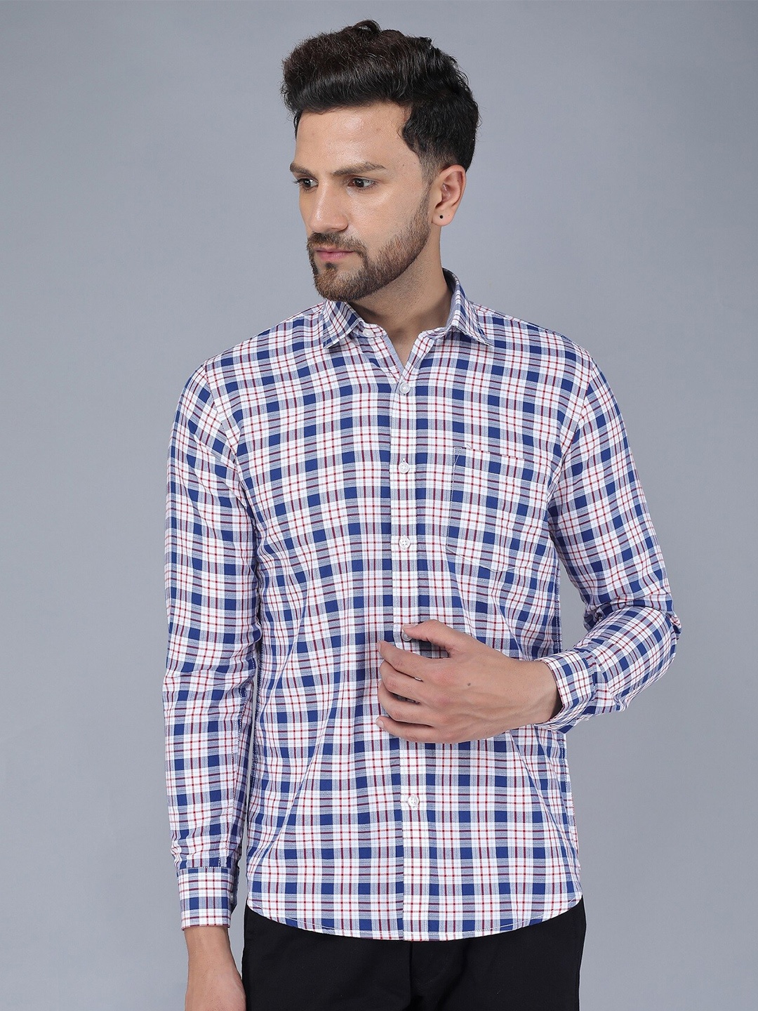 

TQS Men Gingham Checked Casual Shirt, Navy blue