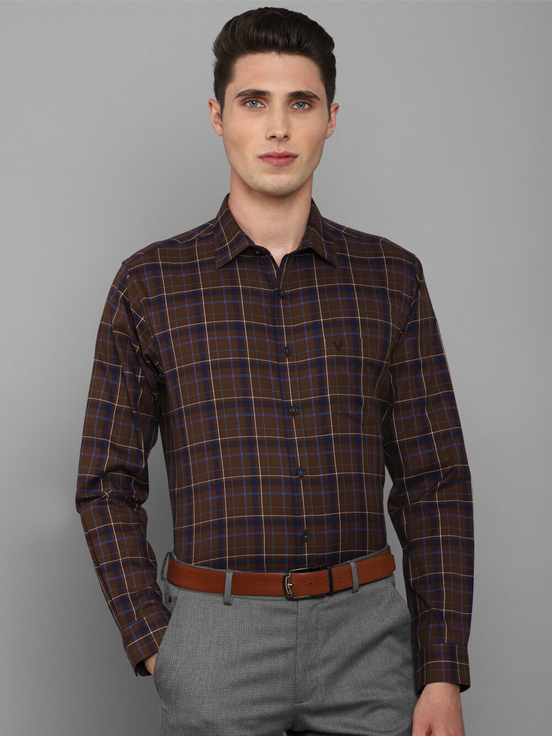 

Allen Solly Men Slim Fit Tartan Checked Pure Cotton Formal Shirt, Brown