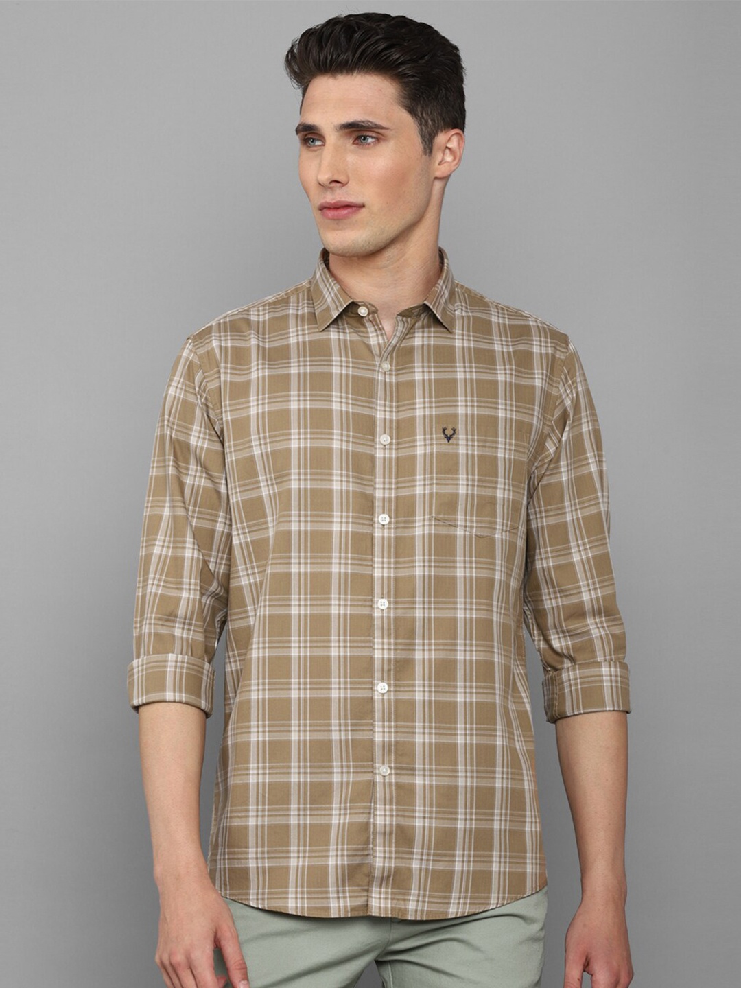 

Allen Solly Men Slim Fit Checked Pure Cotton Casual Shirt, Khaki