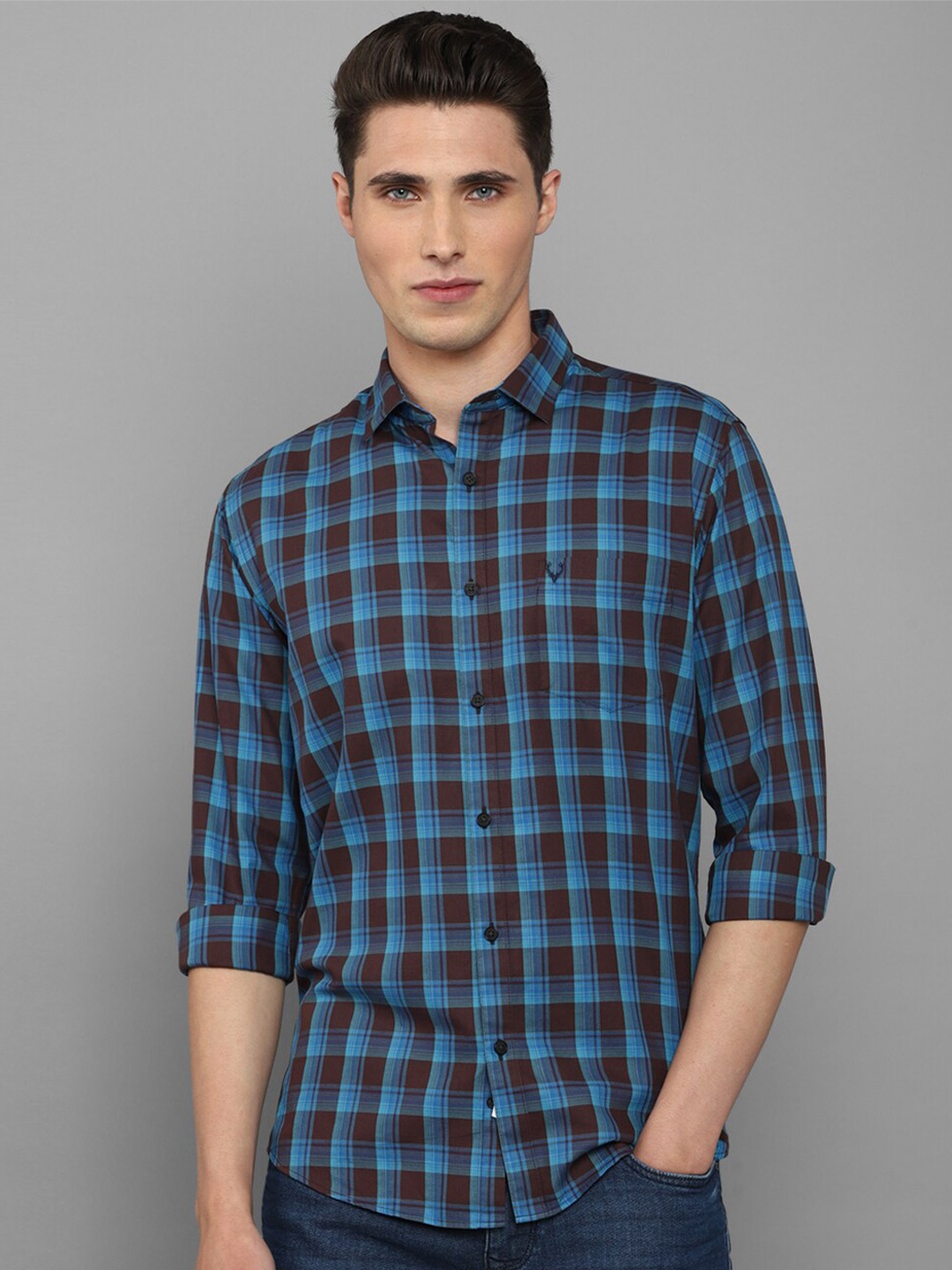 

Allen Solly Men Slim Fit Tartan Checked Pure Cotton Casual Shirt, Blue