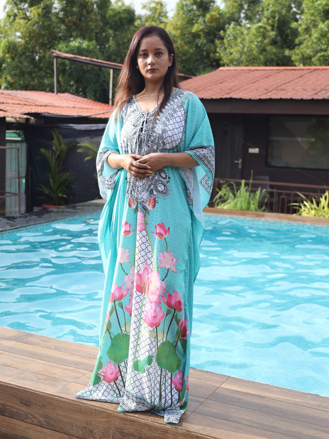 

Rajoria Instyle Printed Georgette Kaftan Maxi Dress, Blue
