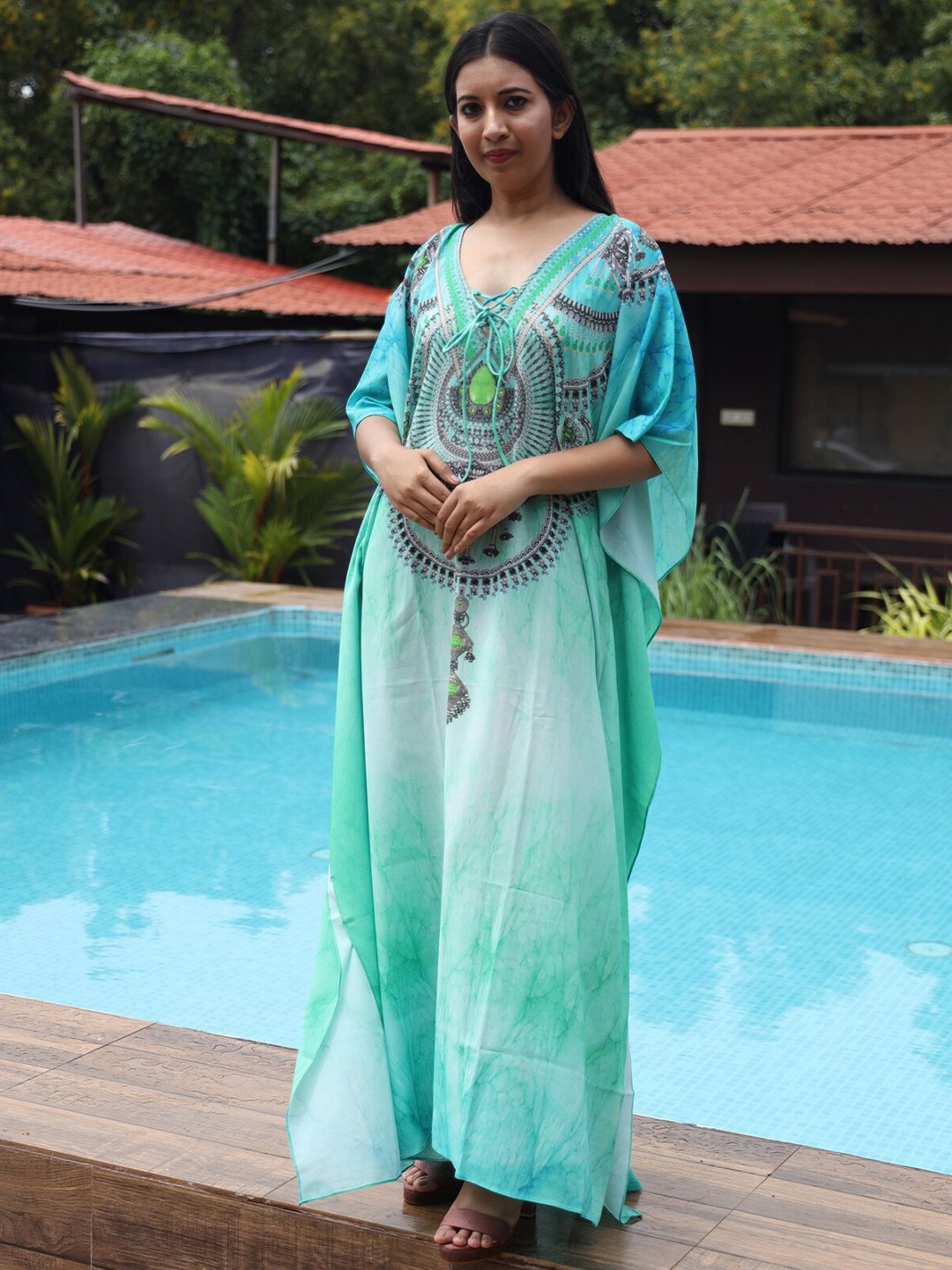 

Rajoria Instyle Printed Georgette Kaftan Maxi Dress, Green