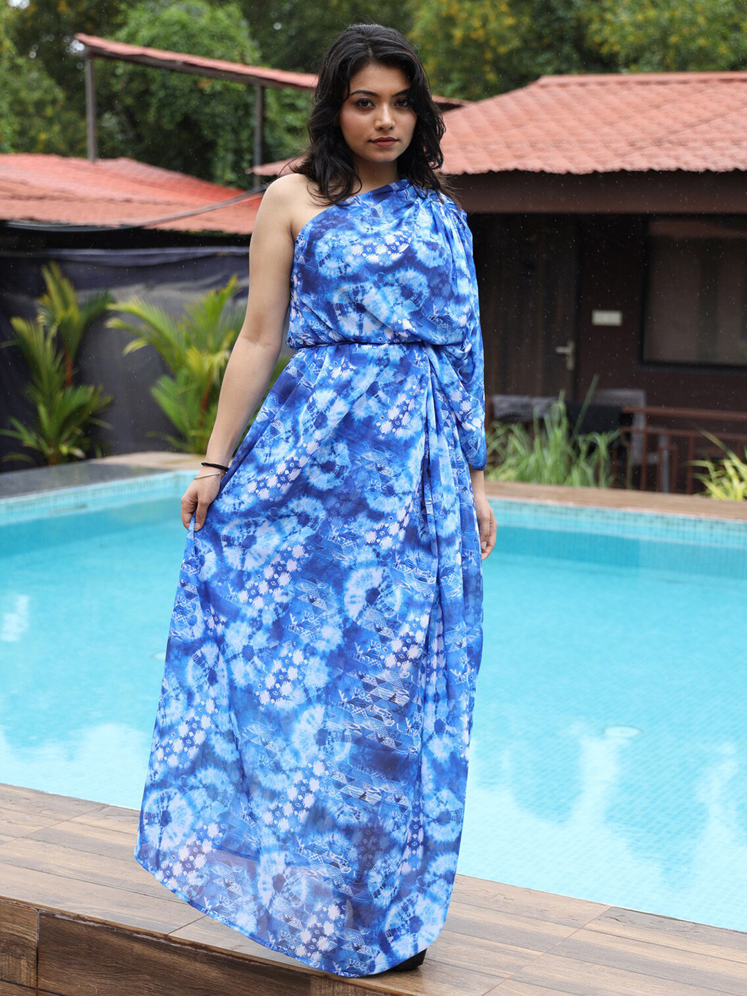 

Rajoria Instyle Printed One Shoulder Georgette Maxi Dress, Blue