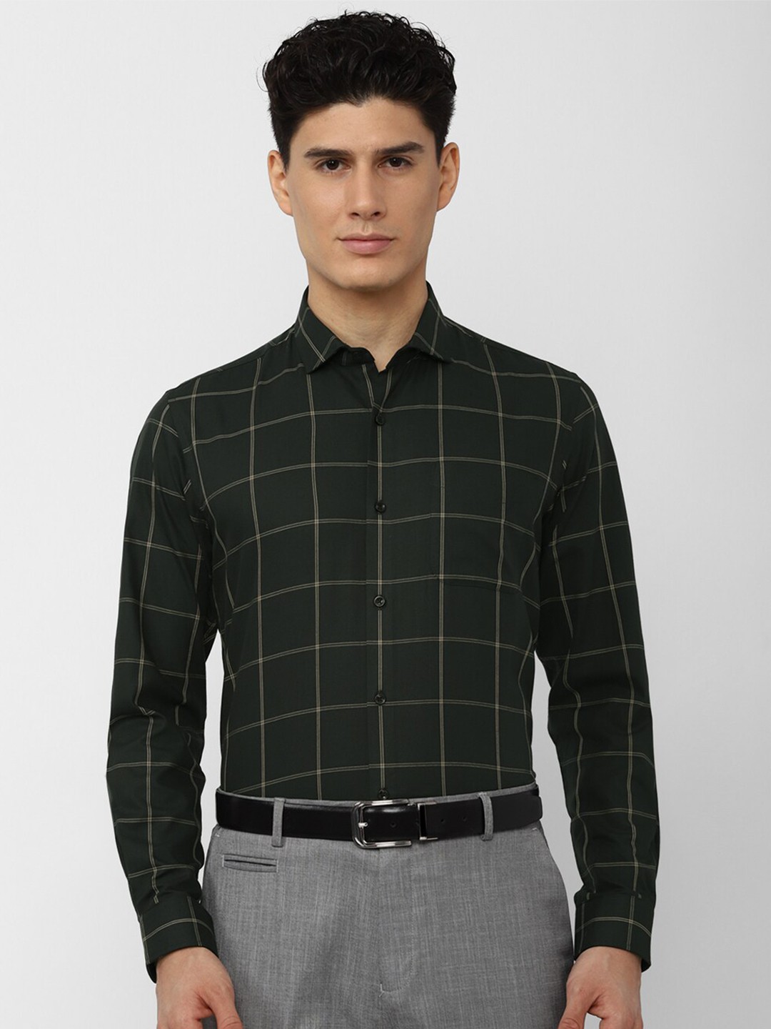 

Peter England Men Green Windowpane Checks Checked Formal Shirt