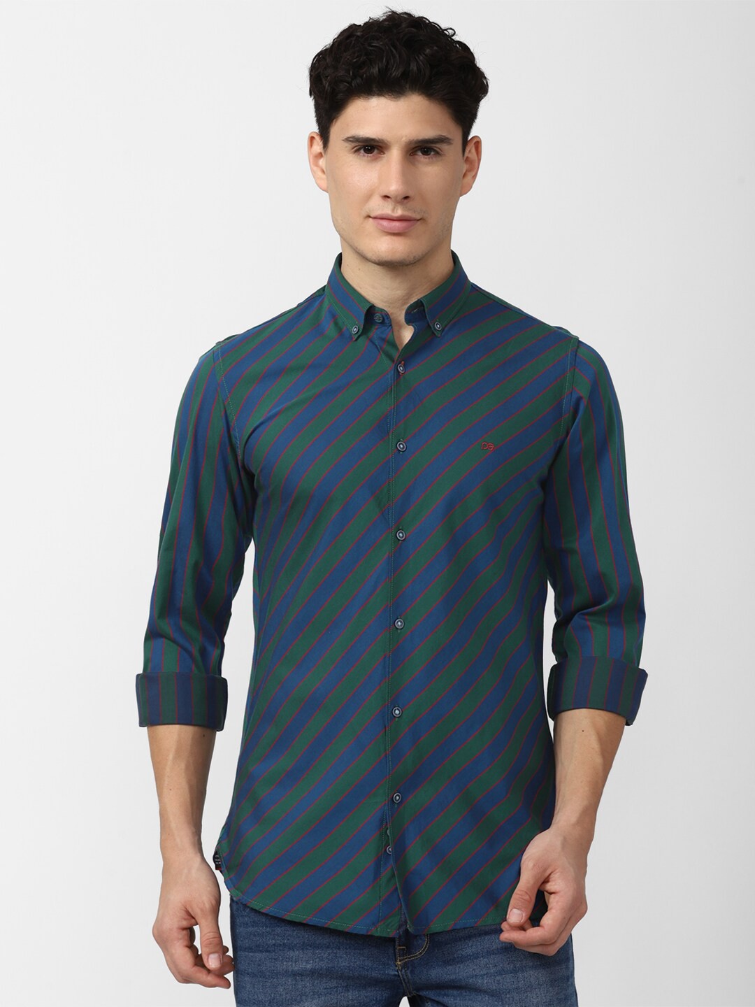 

Peter England Casuals Men Slim Fit Horizontal Striped Cotton Casual Shirt, Blue
