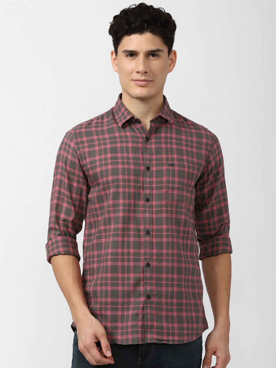 

Peter England Casuals Men Slim Fit Tartan Checked Pure Cotton Casual Shirt, Grey