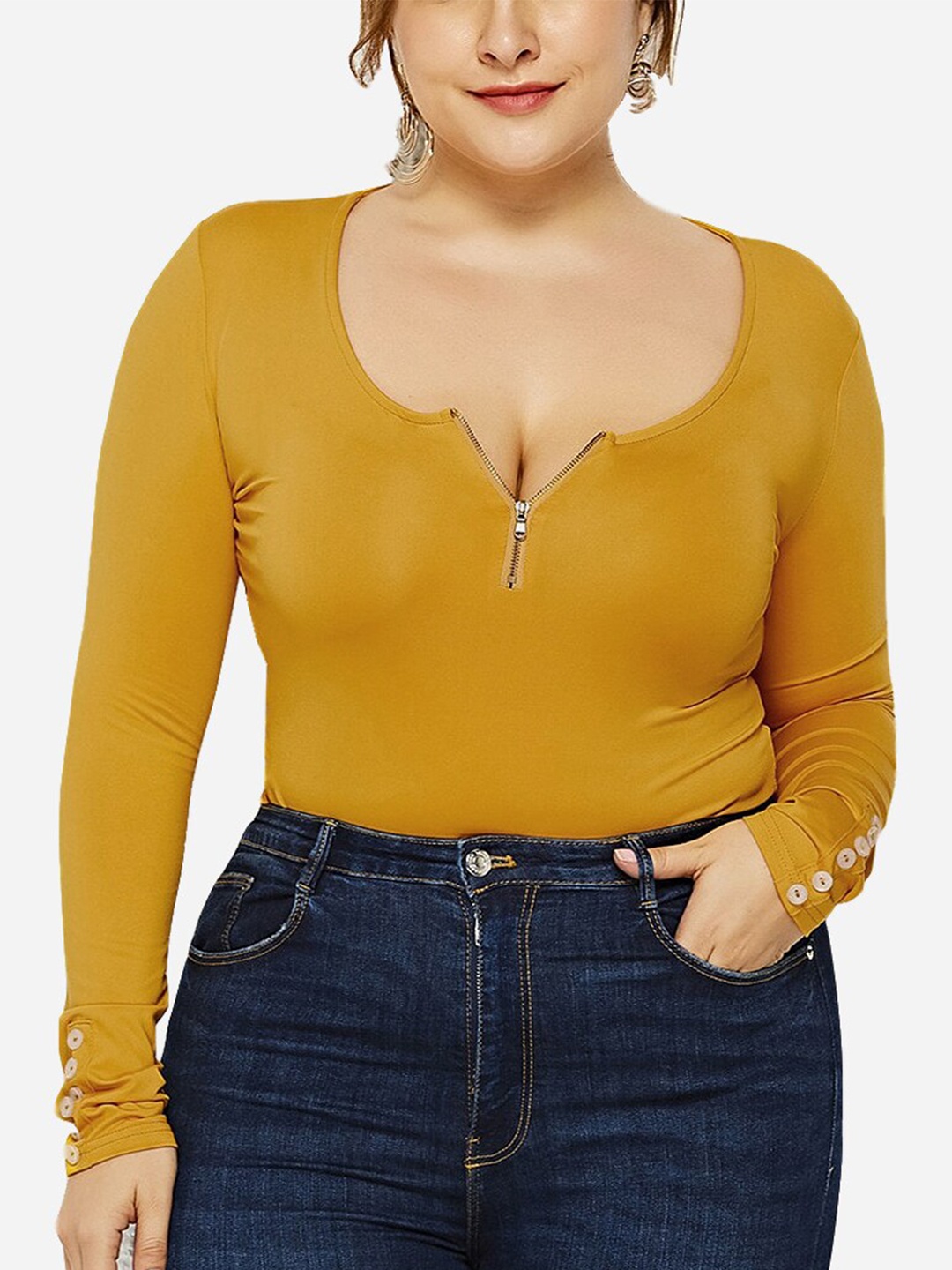 

URBANIC Plus Size Women Round Neck Long Sleeves Zipper Bodysuit, Yellow