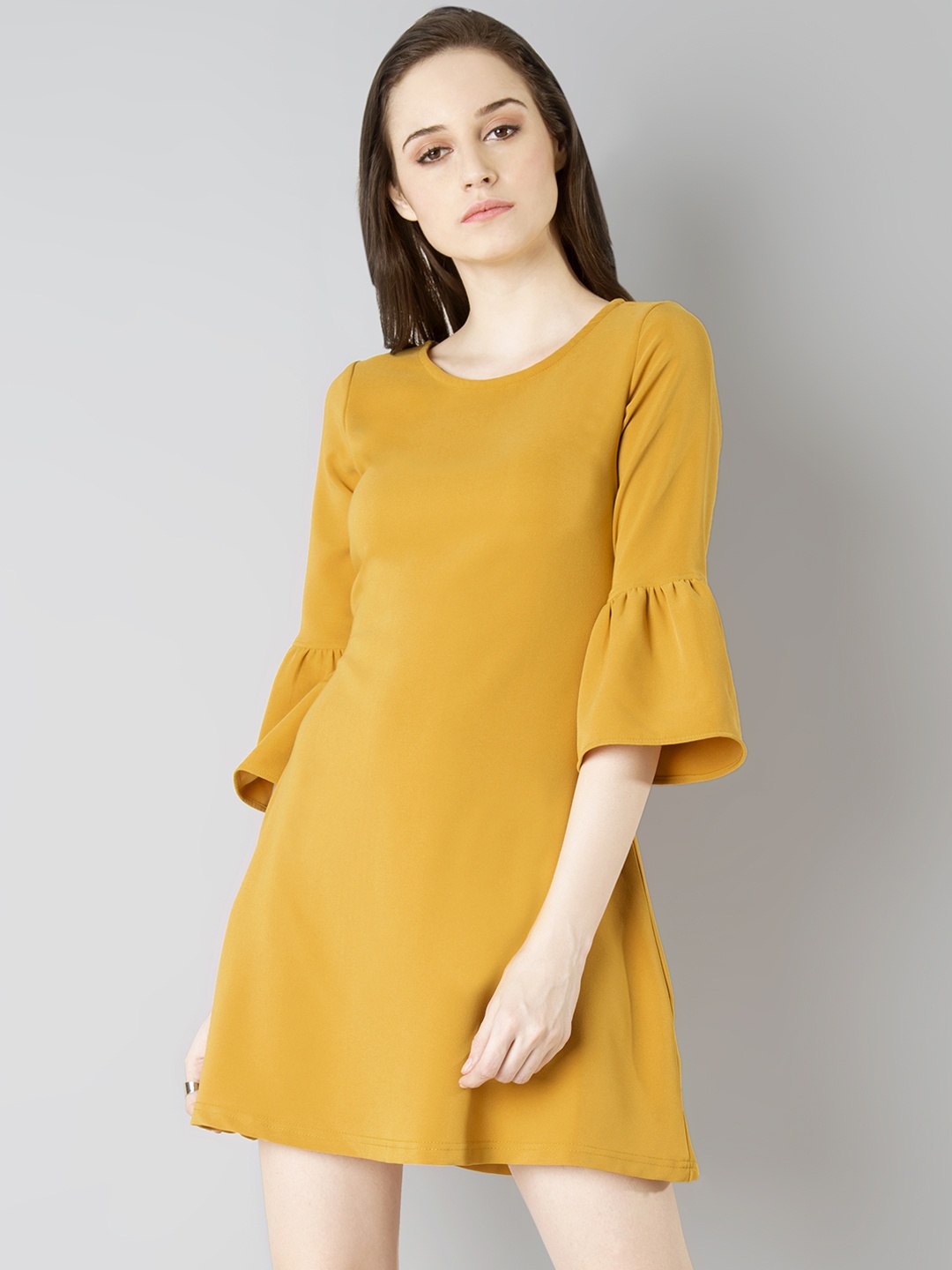

FabAlley Women Mustard Yellow Solid A-Line Dress