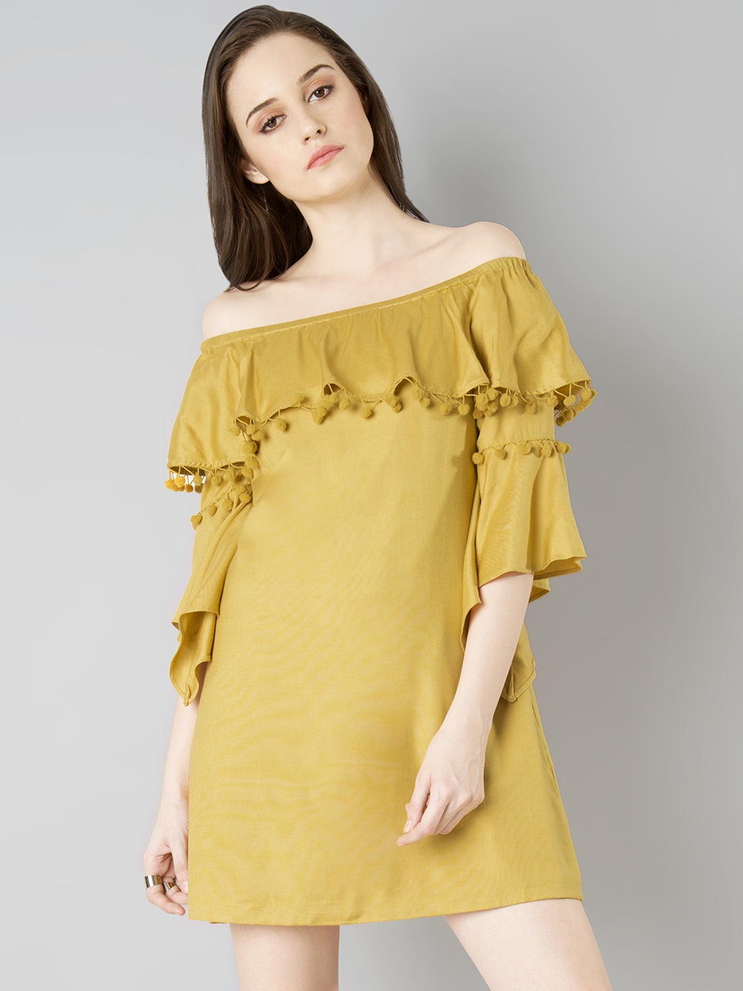 

FabAlley Women Mustard Yellow Solid A-Line Dress