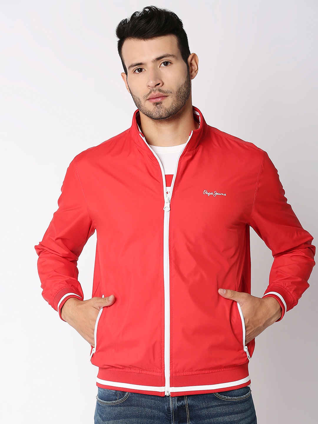 

Pepe Jeans Men Red White Bomber Jacket