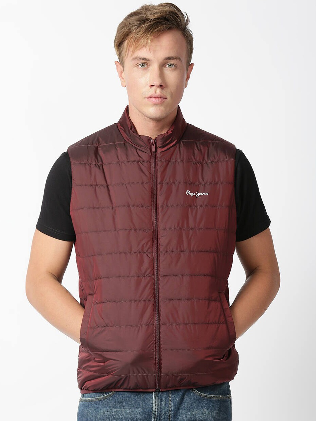 

Pepe Jeans Men Striped Puffer Jacket, Maroon