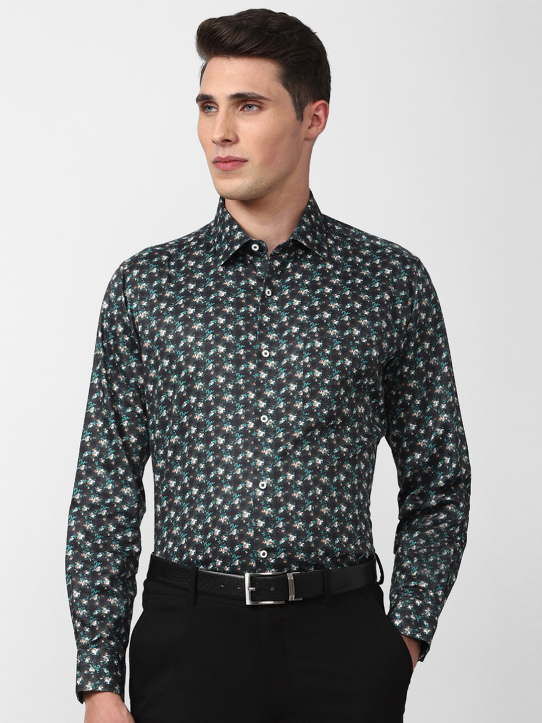 

Van Heusen Men Floral Printed Pure Cotton Formal Shirt, Black