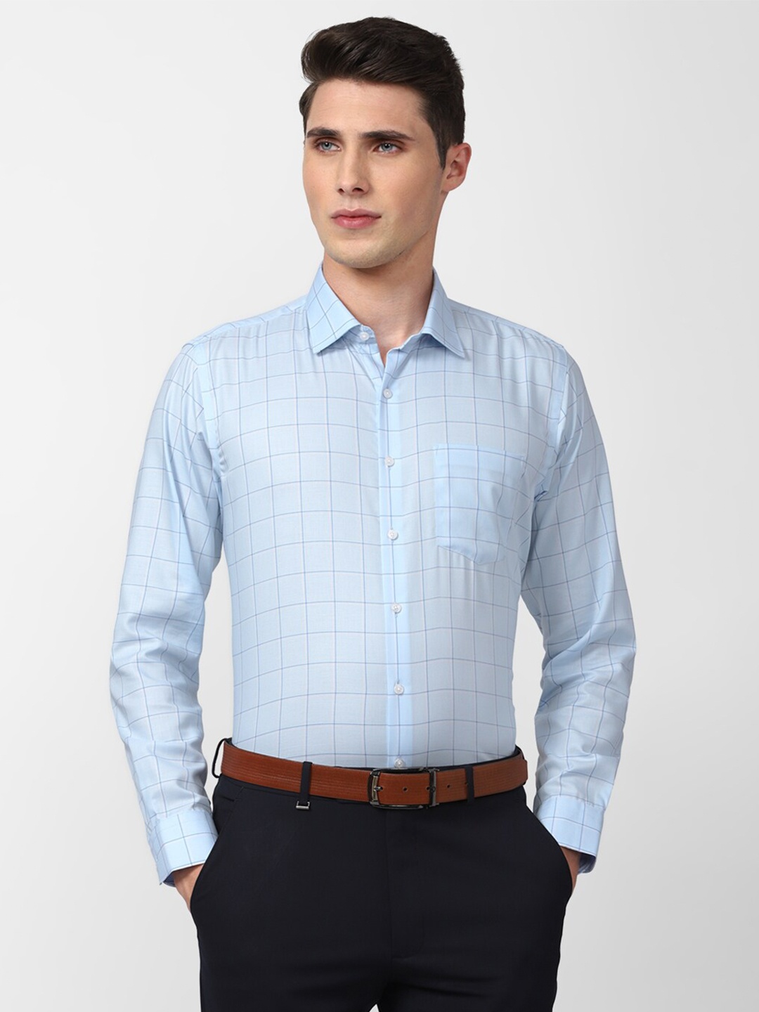 

Van Heusen Men Slim Fit Checked Pure Cotton Formal Shirt, Blue