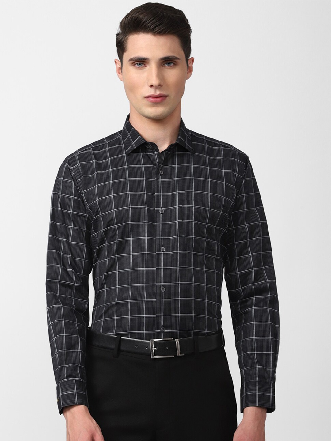 

Van Heusen World Wear Men Windowpane Checked Pure Cotton Formal Shirt, Grey